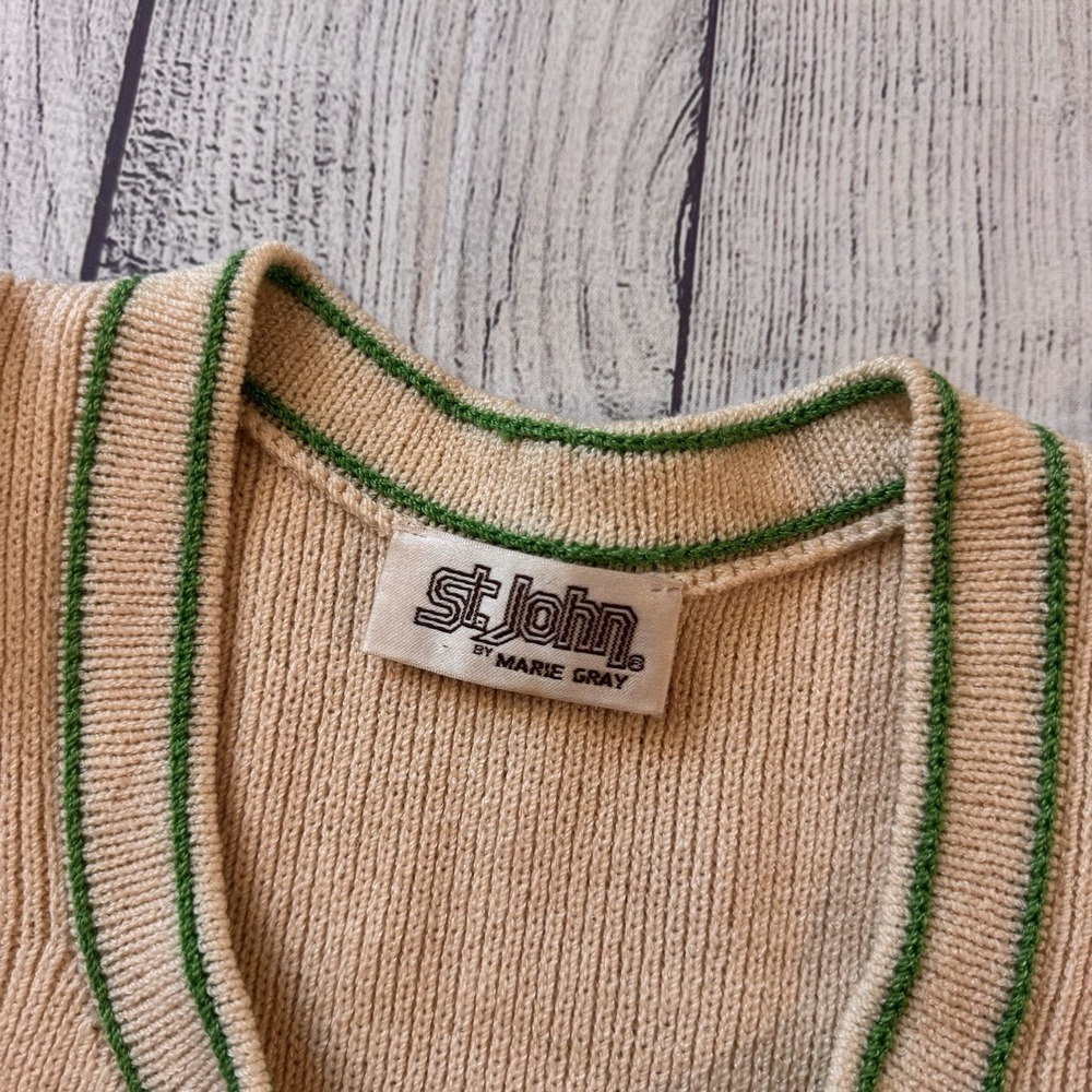 St John Santana Knit Vintage Midi Dress Cream Green Gold Button Puff Sleeve S - Picture 7 of 11